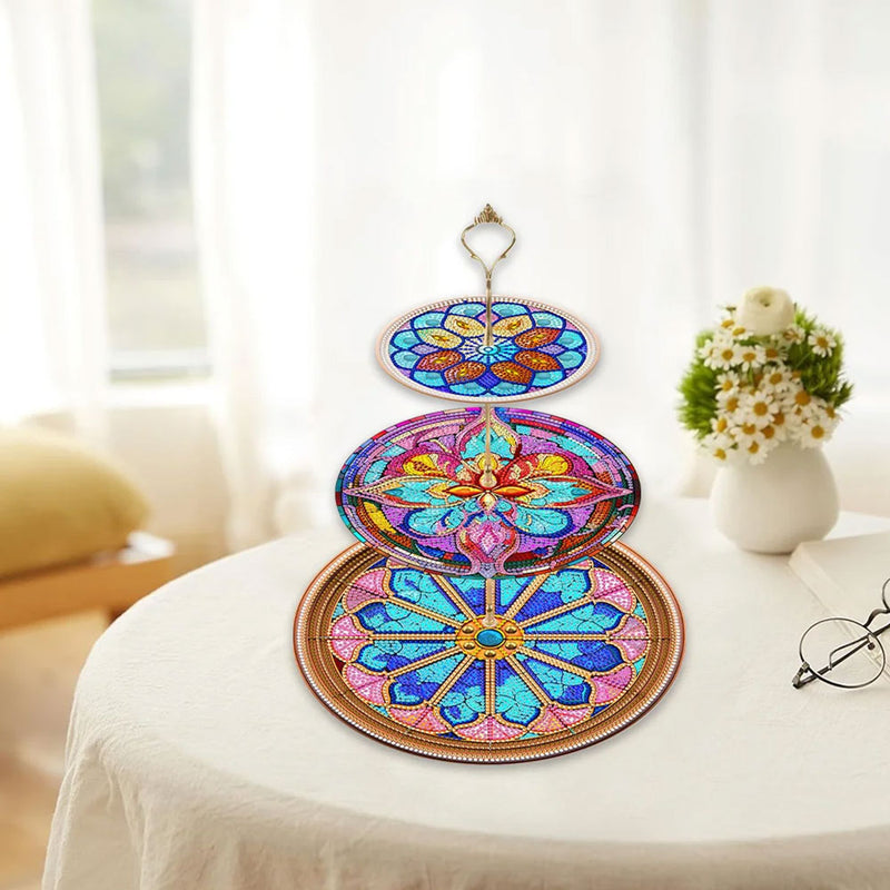 3-Tiered Colorful Flower Mandala Acrylic Serving Tray Diamond Painting