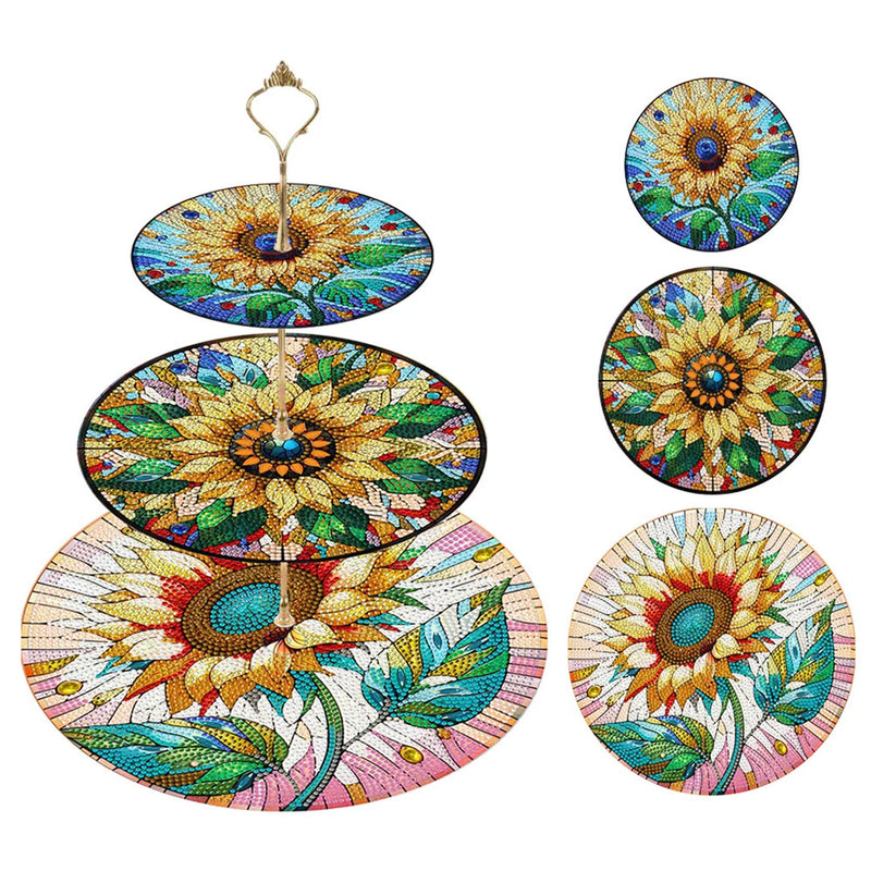 3-Tiered Vigorous Sunflowers Acrylic Serving Tray Diamond Painting