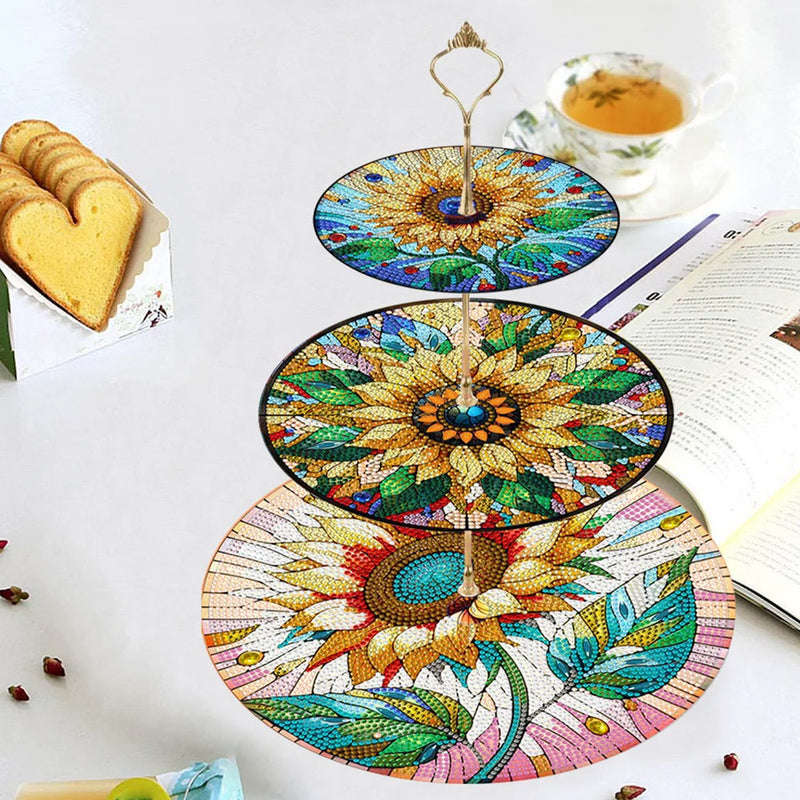 3-Tiered Vigorous Sunflowers Acrylic Serving Tray Diamond Painting