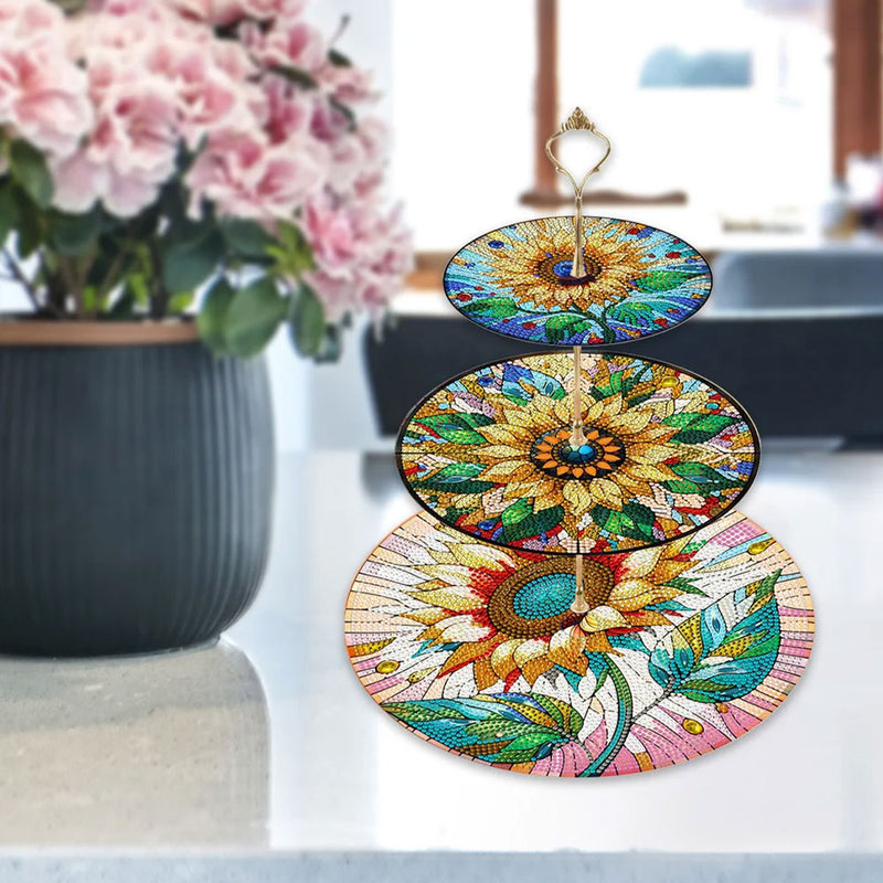 3-Tiered Vigorous Sunflowers Acrylic Serving Tray Diamond Painting