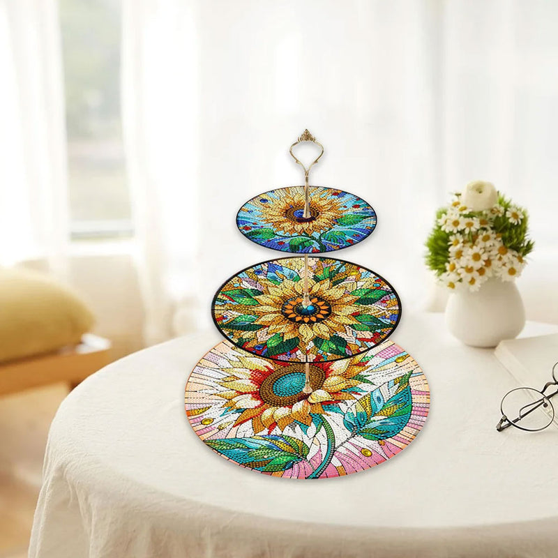 3-Tiered Vigorous Sunflowers Acrylic Serving Tray Diamond Painting