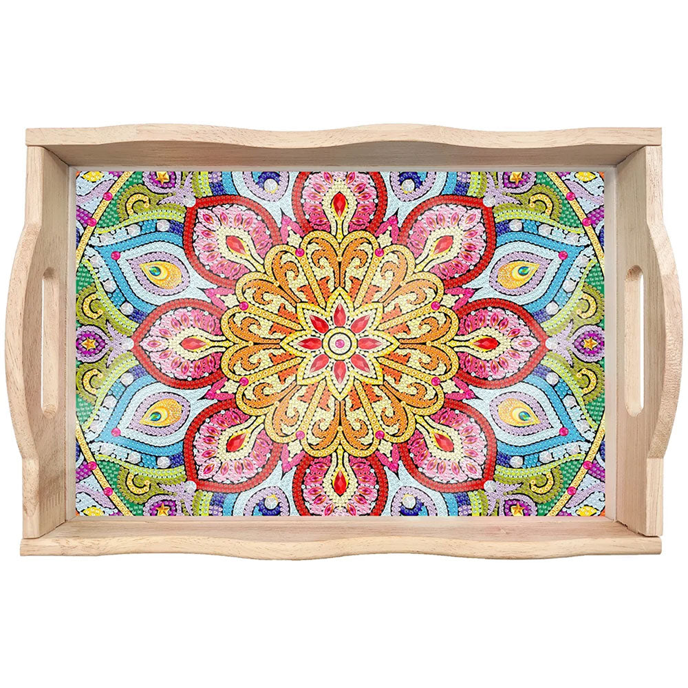 Red and Yellow Flower Mandala Wooden Serving Tray Diamond Painting