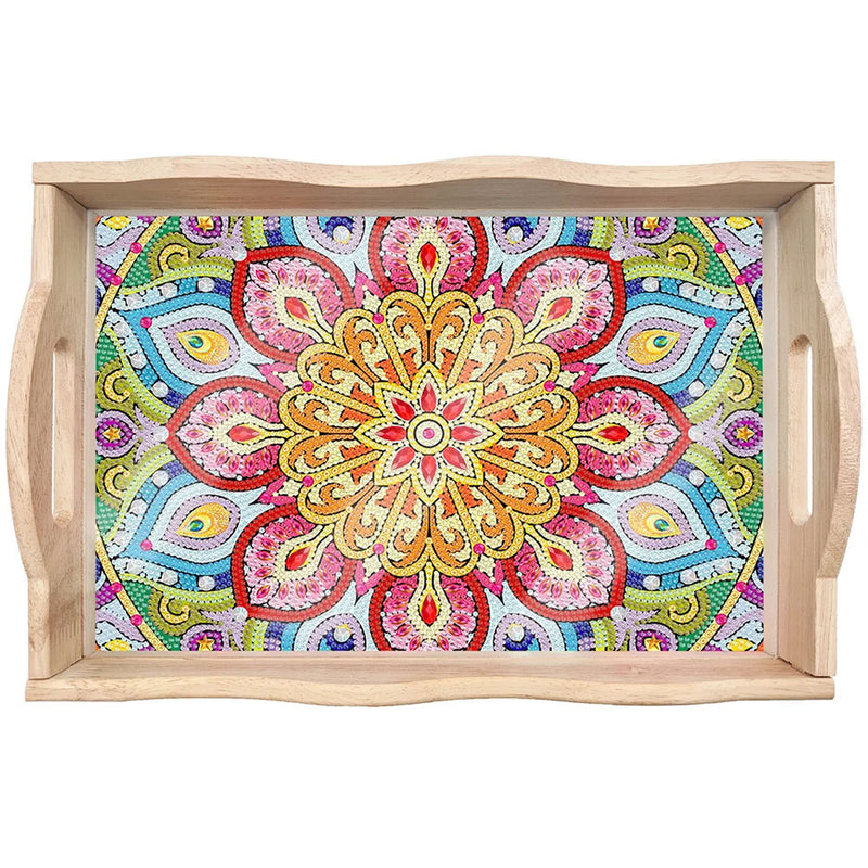 Red and Yellow Flower Mandala Wooden Serving Tray Diamond Painting