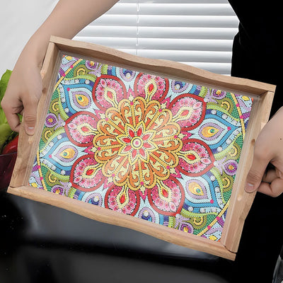 Red and Yellow Flower Mandala Wooden Serving Tray Diamond Painting