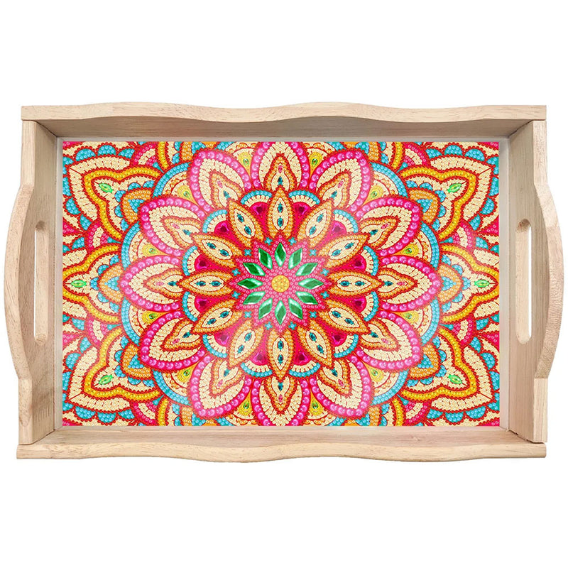 Red Flower Mandala Wooden Serving Tray Diamond Painting