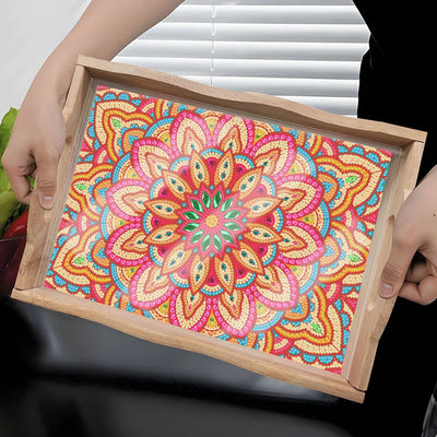 Red Flower Mandala Wooden Serving Tray Diamond Painting