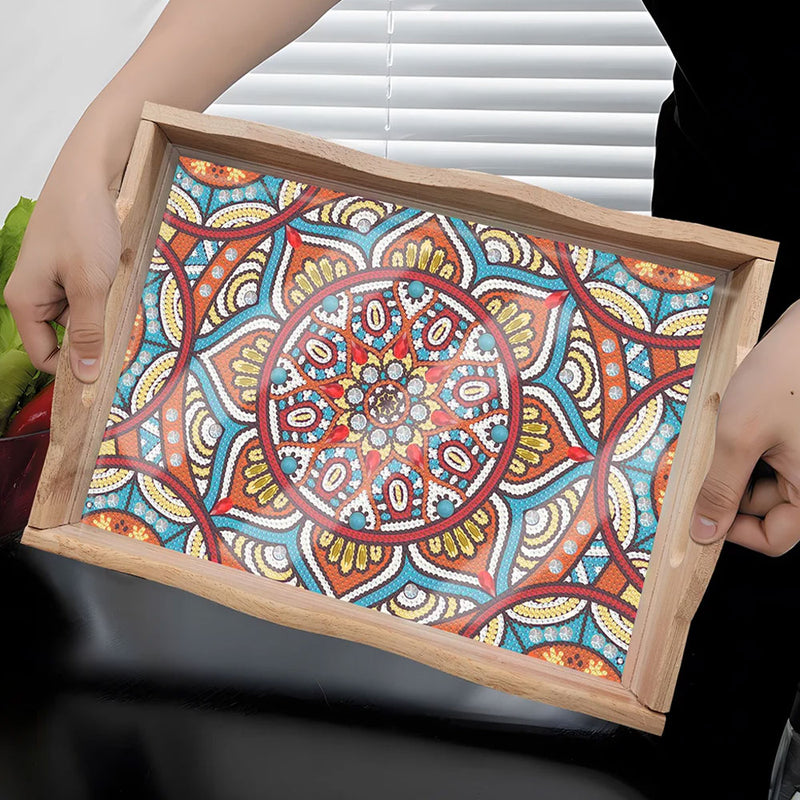 Colorful Flower Mandala Wooden Serving Tray Diamond Painting