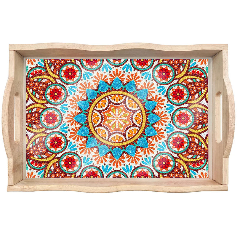 Orange and Blue Mandala Wooden Serving Tray Diamond Painting