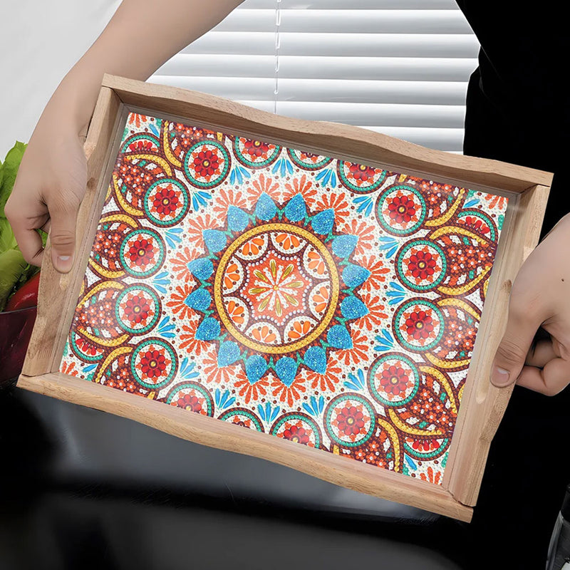 Orange and Blue Mandala Wooden Serving Tray Diamond Painting