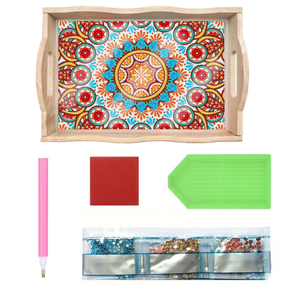 Orange and Blue Mandala Wooden Serving Tray Diamond Painting