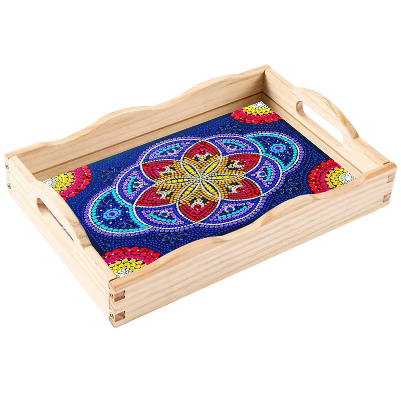 Blue and Red Mandala Flower Wooden Serving Tray Diamond Painting