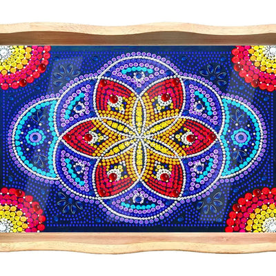 Blue and Red Mandala Flower Wooden Serving Tray Diamond Painting