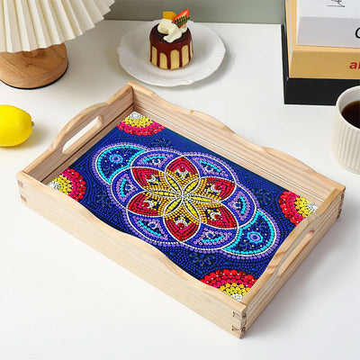 Blue and Red Mandala Flower Wooden Serving Tray Diamond Painting