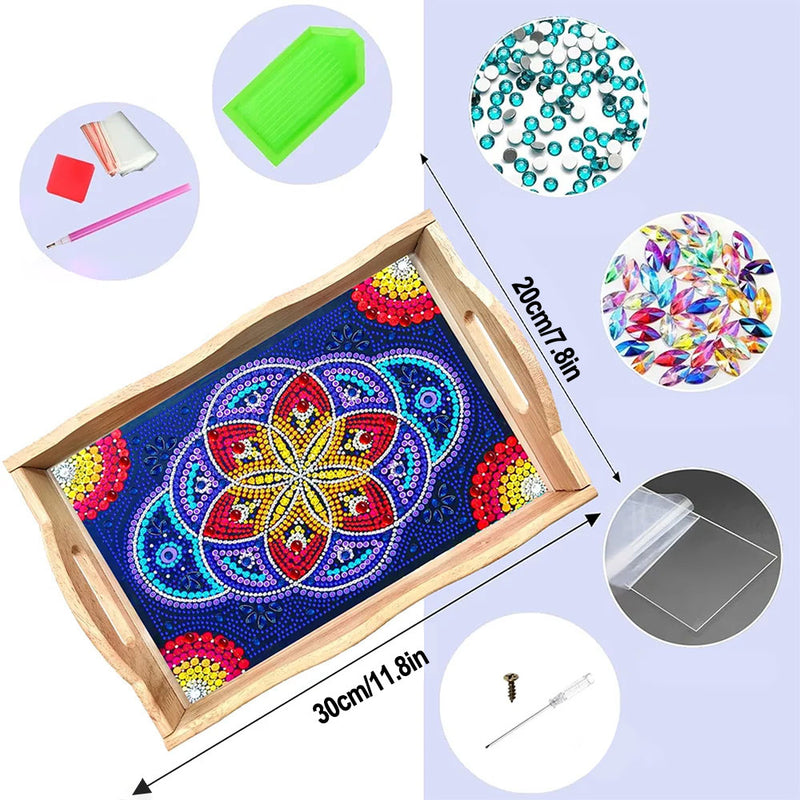 Blue and Red Mandala Flower Wooden Serving Tray Diamond Painting