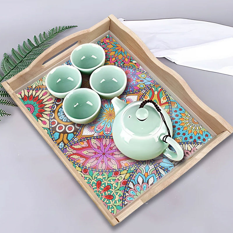 Complicated Flower Mandala Wooden Serving Tray Diamond Painting