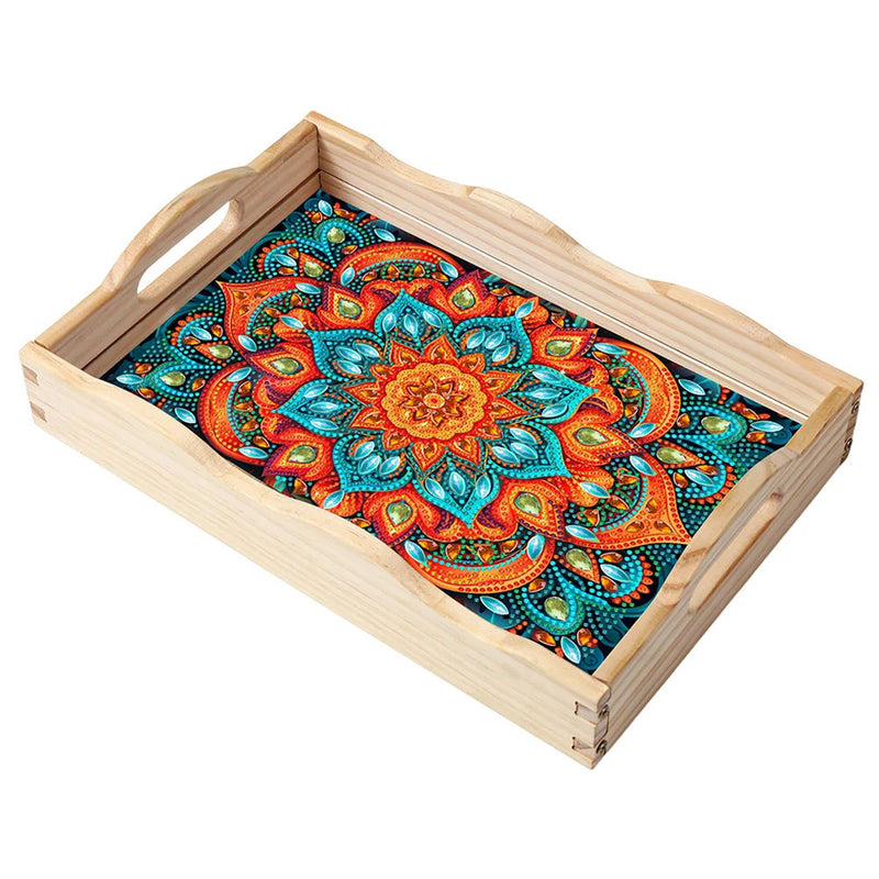 Orange and Green Mandala Wooden Serving Tray Diamond Painting