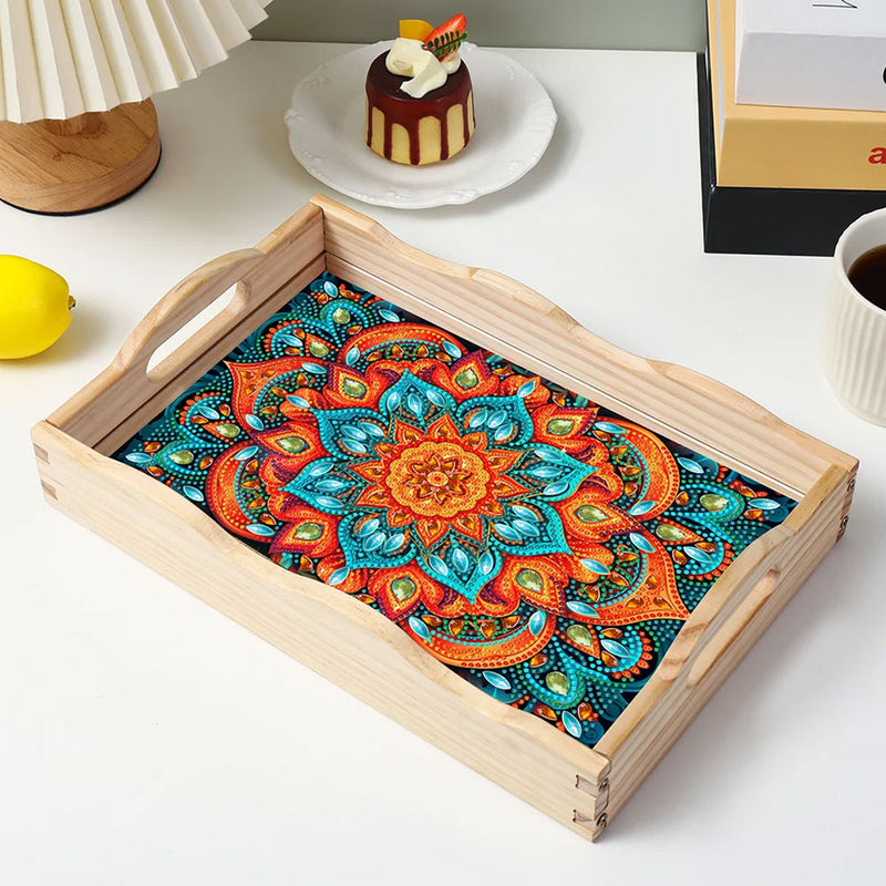 Orange and Green Mandala Wooden Serving Tray Diamond Painting