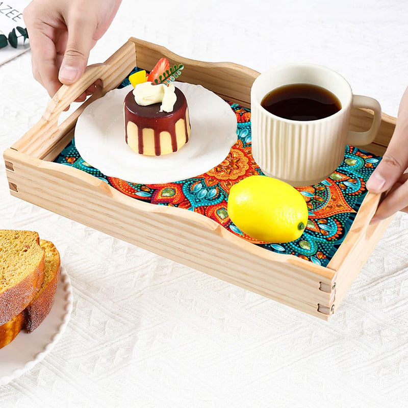 Orange and Green Mandala Wooden Serving Tray Diamond Painting