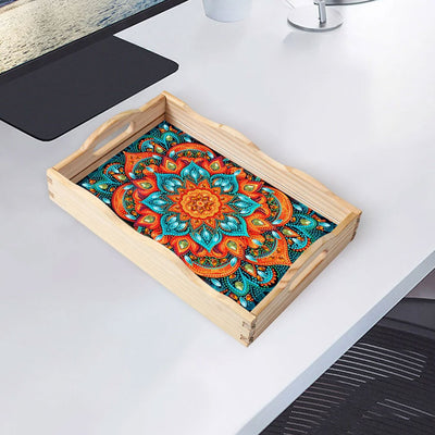 Orange and Green Mandala Wooden Serving Tray Diamond Painting