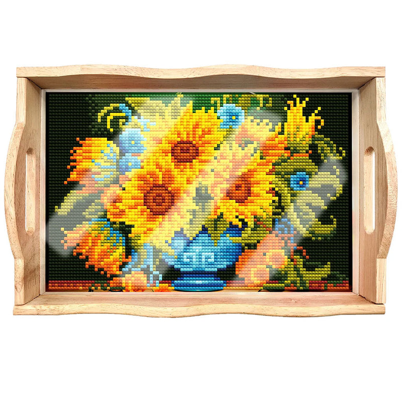 Sunflowers in Blue Vase Wooden Serving Tray Diamond Painting