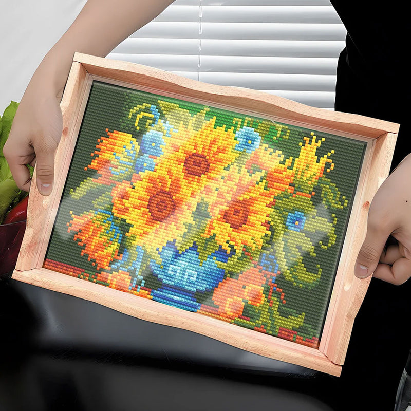 Sunflowers in Blue Vase Wooden Serving Tray Diamond Painting