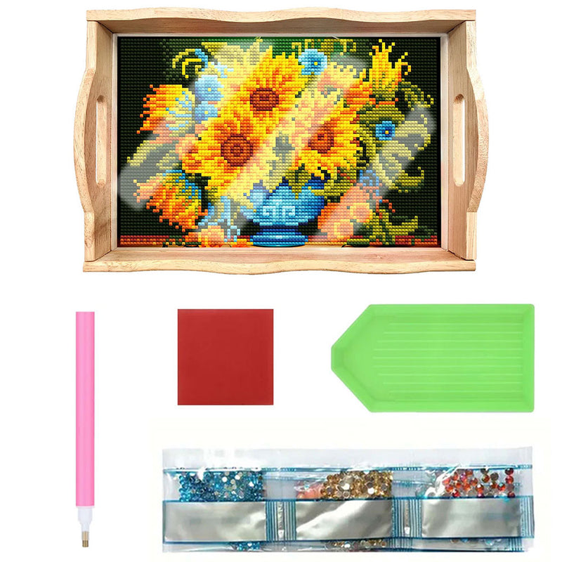 Sunflowers in Blue Vase Wooden Serving Tray Diamond Painting