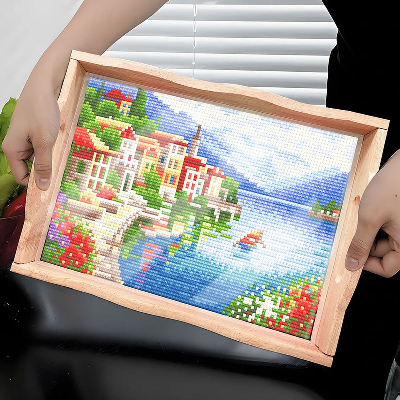 Seaside Town Wooden Serving Tray Diamond Painting