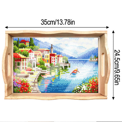 Seaside Town Wooden Serving Tray Diamond Painting