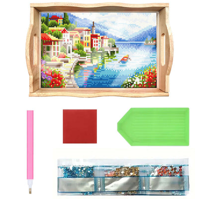 Seaside Town Wooden Serving Tray Diamond Painting