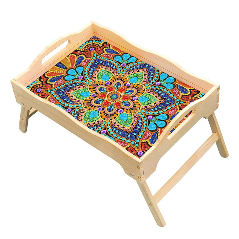 Colorful Lotus Mandala Wooden Dining Table Tray with Handle Diamond Painting