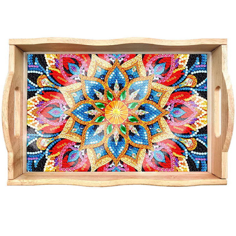 Red and Golden Flower Mandala Wooden Serving Tray Diamond Painting