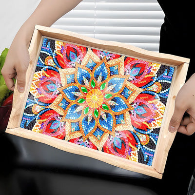 Red and Golden Flower Mandala Wooden Serving Tray Diamond Painting