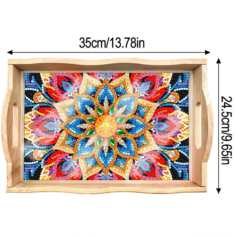 Red and Golden Flower Mandala Wooden Serving Tray Diamond Painting