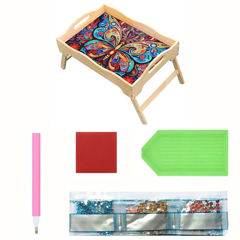 Colorful and Gorgeous Butterfly Wooden Dining Table Tray with Handle Diamond Painting