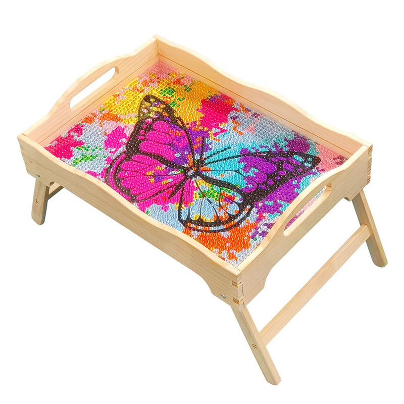 Colorful Butterfly Wooden Dining Table Tray with Handle Diamond Painting