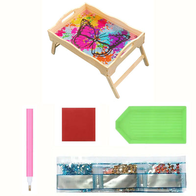 Colorful Butterfly Wooden Dining Table Tray with Handle Diamond Painting