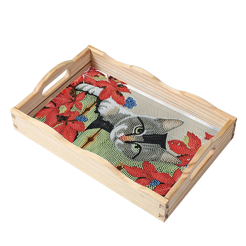 Gray Cat and Red Flower Wooden Serving Tray Diamond Painting