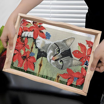 Gray Cat and Red Flower Wooden Serving Tray Diamond Painting