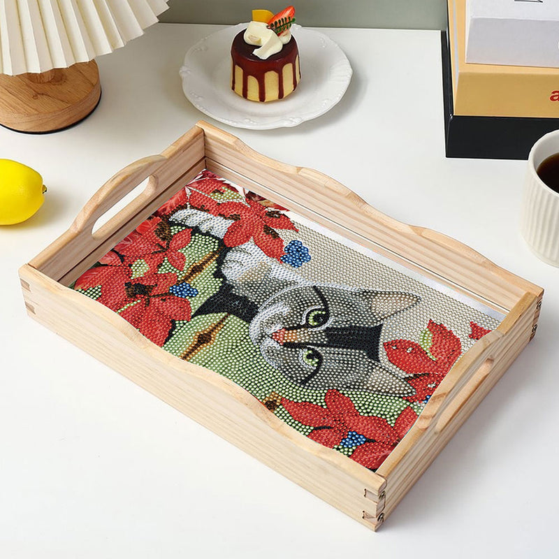 Gray Cat and Red Flower Wooden Serving Tray Diamond Painting