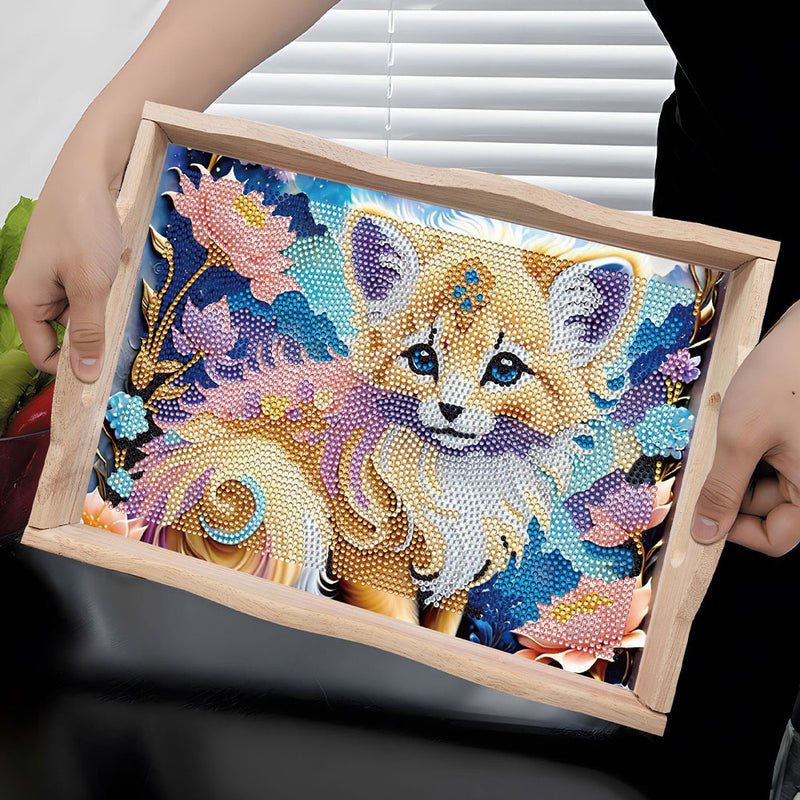 Little Cat and Flowers Wooden Serving Tray Diamond Painting