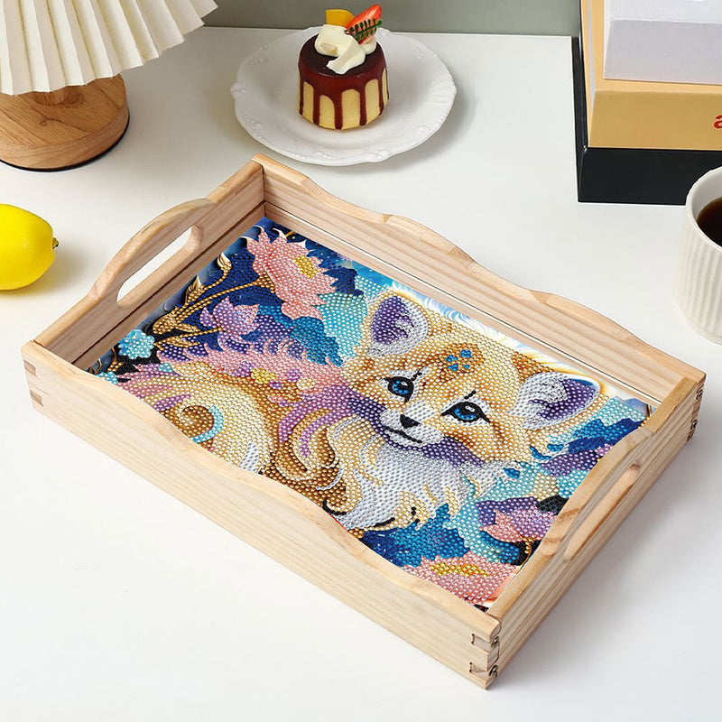 Little Cat and Flowers Wooden Serving Tray Diamond Painting