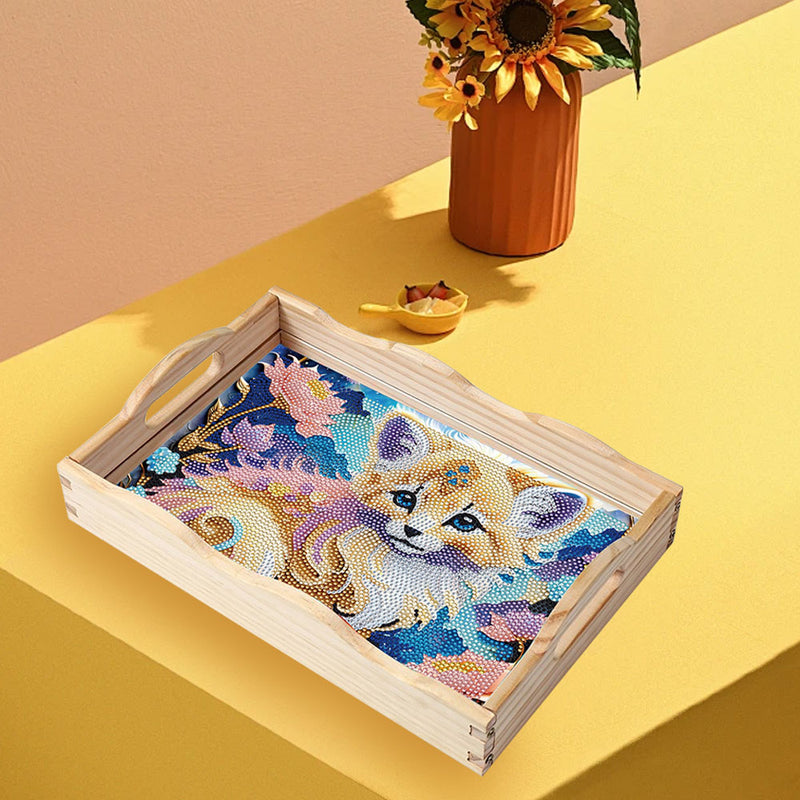 Little Cat and Flowers Wooden Serving Tray Diamond Painting