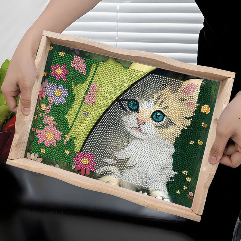 Hiding Kitten Wooden Serving Tray Diamond Painting