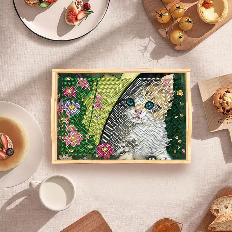 Hiding Kitten Wooden Serving Tray Diamond Painting