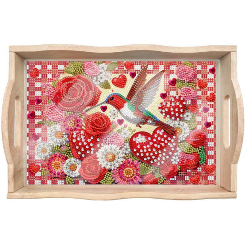 Hummingbird and Red Rose Flowers Wooden Serving Tray Diamond Painting