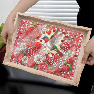 Hummingbird and Red Rose Flowers Wooden Serving Tray Diamond Painting