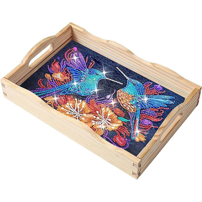 Hummingbird Couple and Flowers Wooden Serving Tray Diamond Painting