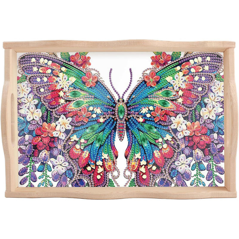 Green and Purple Flower Butterfly Wooden Serving Tray Diamond Painting