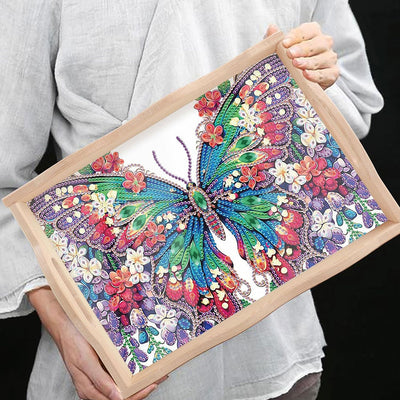 Green and Purple Flower Butterfly Wooden Serving Tray Diamond Painting