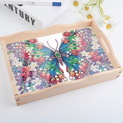 Green and Purple Flower Butterfly Wooden Serving Tray Diamond Painting